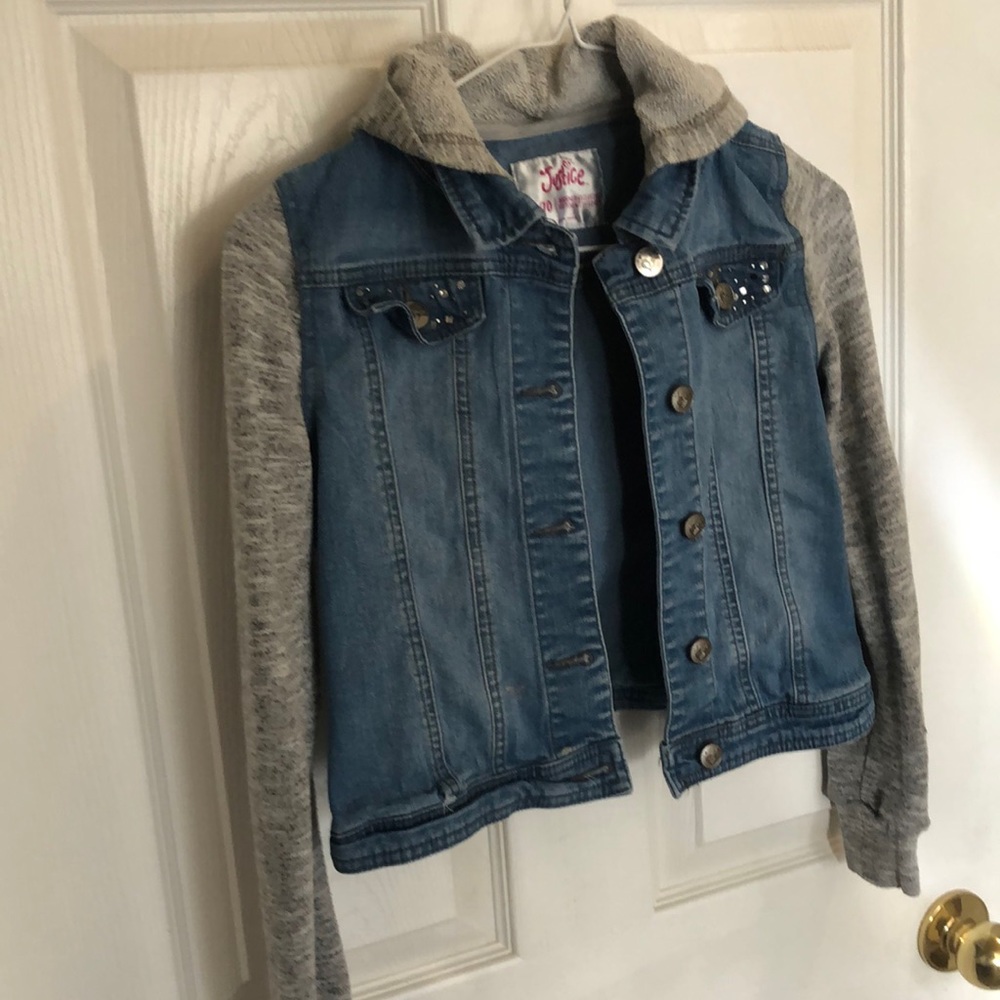 Justice girls denim & gray cuffed sweatshirt mixed medium hoodie (size8/10)